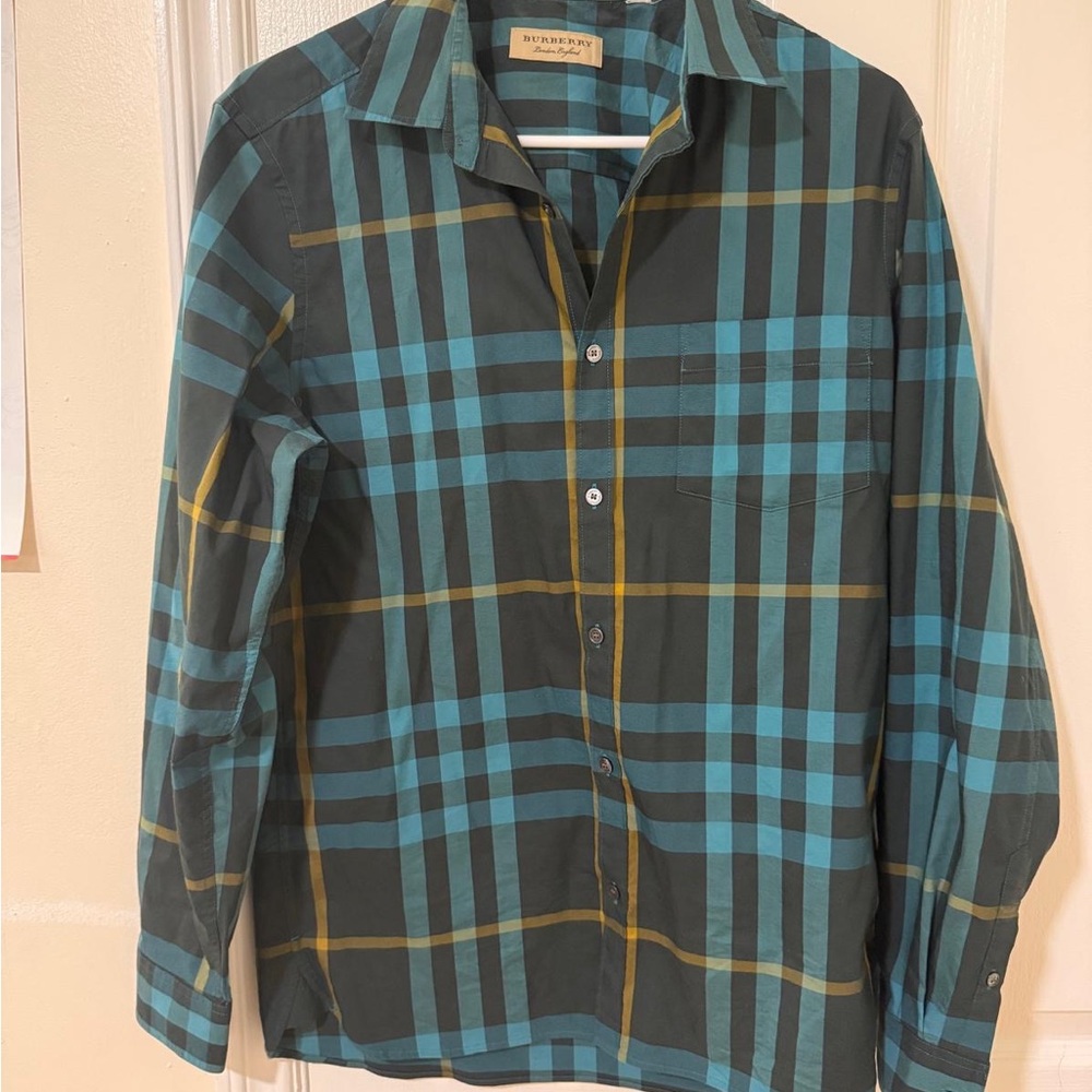 Burberry Men's Plaid Shirt - Teal and Yellow